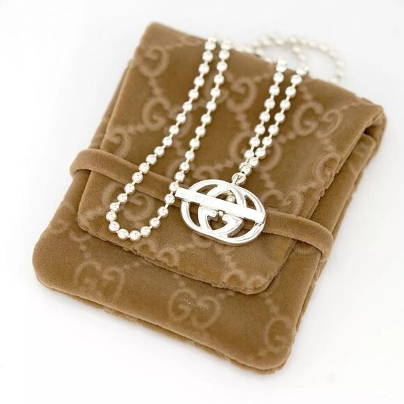 GUCCI G Logos Toggle Clasp Ball Chain Necklace 16" Silver 925 Auth w/Bag #20231 - Picture 1 of 8